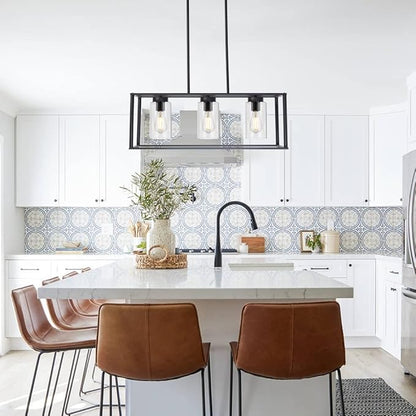 VINLUZ Contemporary Chandeliers Black 3 Light Modern Dining Room Lighting Fixtures Hanging, Kitchen Island Cage Linear Pendant Lights Farmhouse Flush Mount Ceiling Light with Glass Shade