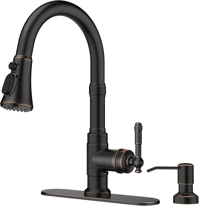 FORIOUS Vintage Kitchen Faucet with Soap Dispenser and Pull Down Sprayer, High Arc Single Handle Stainless Steel Classic Sink Faucet for Farmhouse Camper Rv Bar, Fit for 1 or 3 Hole, Oil Rubbed Bronze