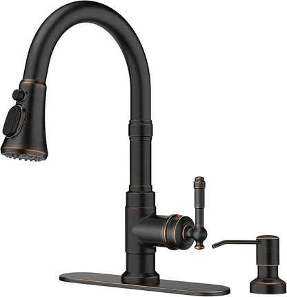 FORIOUS Vintage Kitchen Faucet with Soap Dispenser and Pull Down Sprayer, High Arc Single Handle Stainless Steel Classic Sink Faucet for Farmhouse Camper Rv Bar, Fit for 1 or 3 Hole, Oil Rubbed Bronze