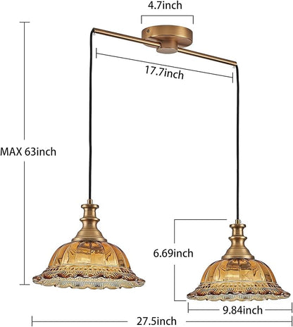 HDDFL Vintage 2 Light Pendant Light Fixtures Modern Brown Glass Hanging Lighting with Adjustable Cord for Kitchen Island Dining Room Living Room Hallway