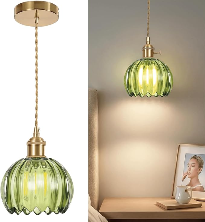 Mini Flower Glass Pendant Light Adjustable Hanging Lamp, Green Pendant Lights Kitchen Island Dining Room Hallway Bedroom Living Room, LED Bulb Included