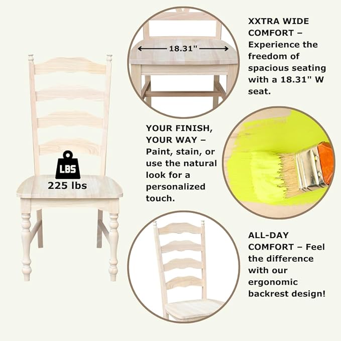International Concepts Maine Ladderback Chairs, Solid Parawood, Unfinished (Set of 2)