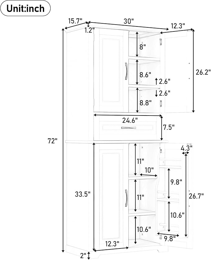 Merax 72" Tall Kitchen Pantry Storage Cabinet, Farmhouse Freestanding Large Cupboard with One Drawer, Bathroom Cabinet with Adjustable Shelves, 6 Door-Shelf for Dining Room, Black