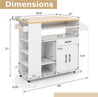Giantex Rolling Kitchen Island Cart w/Drop Leaf, Power Outlet, Wine Rack, Stemware Rack, Drawer, Spice Rack, Mobile Storage Cart, Island Table on Wheels for Breakfast Dining (White & Natural)