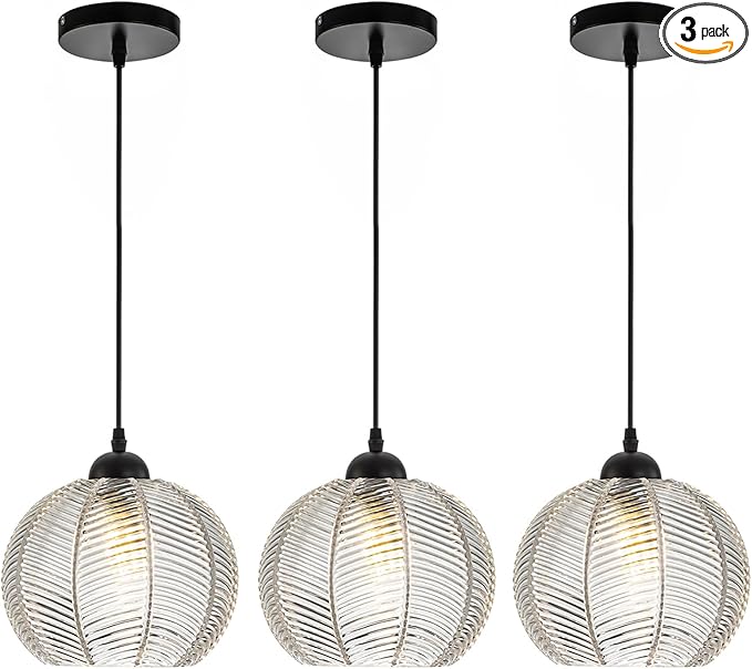 Mid Century Pendant Light Black Glass Pendant Lighting Kitchen Island 3 Light with Clear Ribbed Glass Shade Modern Chandelier Globe Hanging Light for Dining Room Sink Farmhouse