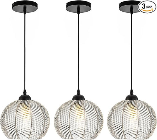 Mid Century Pendant Light Black Glass Pendant Lighting Kitchen Island 3 Light with Clear Ribbed Glass Shade Modern Chandelier Globe Hanging Light for Dining Room Sink Farmhouse