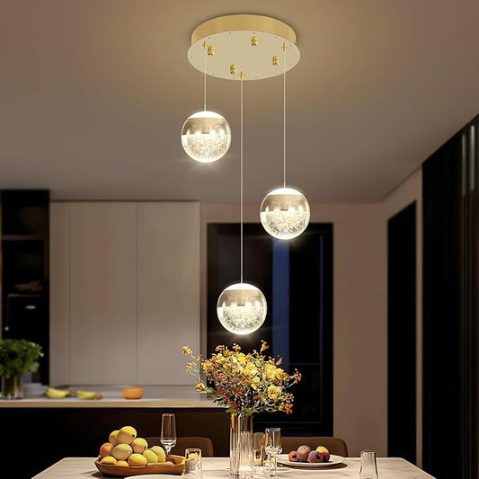 Modern Crystal Pendant Lighting Gold Globe Pendant Light Fixture, Mid Century Chandelier 3-Light Hanging Fixture for Kitchen Island,Globe Chandeliers for Dinning Room Bedroom