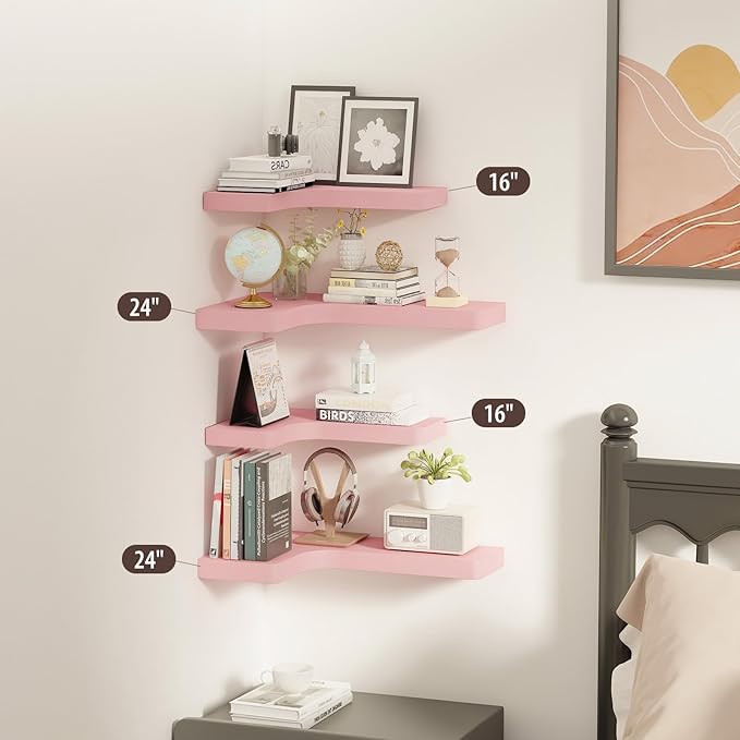 SAUMONIERES Corner Floating Shelves Wall Mount Shelf Solid Wood for Bedroom Bathroom Room Kitchen Storage Set of 3, Pink, Invisible Brackets