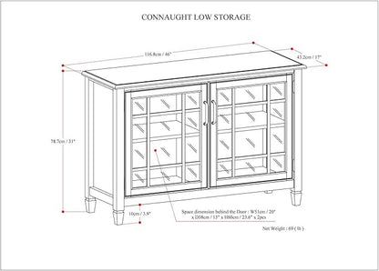 SIMPLIHOME Connaught Storage Cabinet - 46 inch Wide Solid Wood Low Storage Cabinet in Dark Chestnut Brown, Traditional Console for Living Room, Entryway, or Dining Room with Glass Doors and Shelves