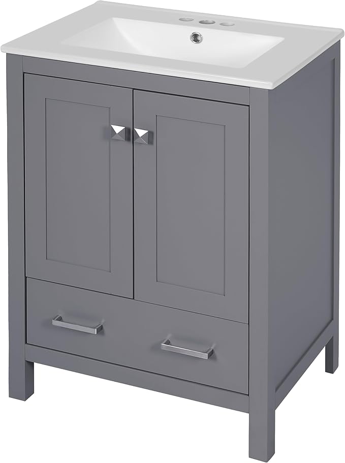 Favfurish 24" Modern Bathroom Vanity with Ceramic Sink, Freestanding Storage Cabinet w/2 Soft-Close Doors & 1 Drawer, Double-Layer Door Shelf, Solid Wood Frame for Small Bathrooms, Easy Assembly,Grey