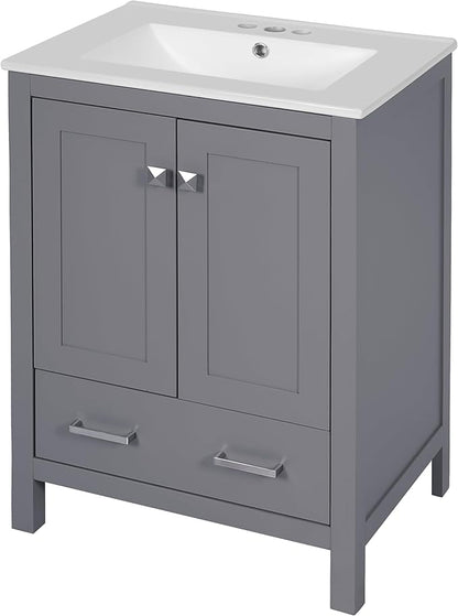 Favfurish 24" Modern Bathroom Vanity with Ceramic Sink, Freestanding Storage Cabinet w/2 Soft-Close Doors & 1 Drawer, Double-Layer Door Shelf, Solid Wood Frame for Small Bathrooms, Easy Assembly,Grey