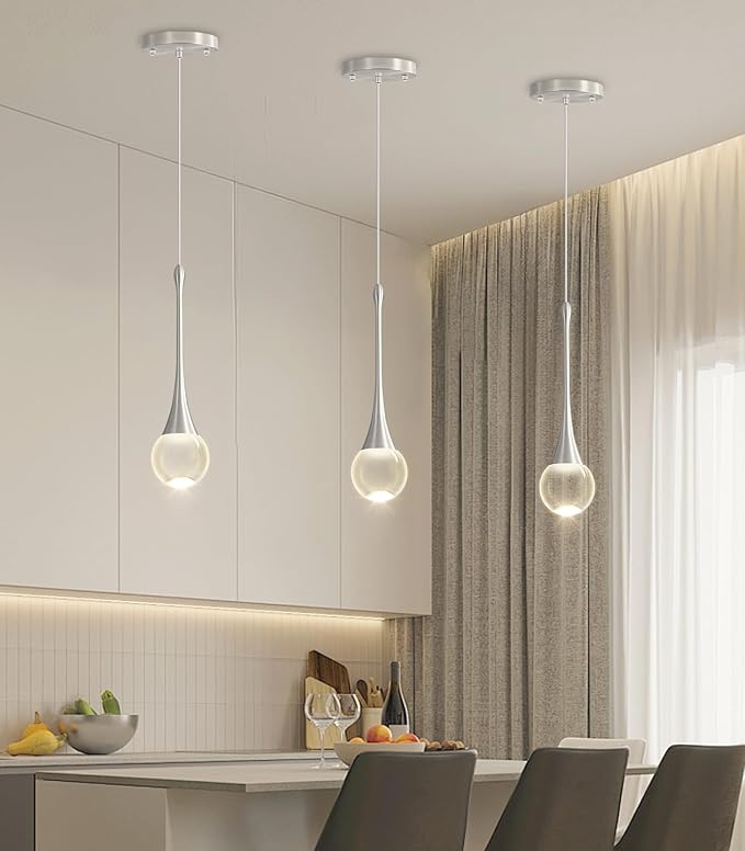 Modern Kitchen Island Pendant Lights Dimmable LED Crystal Chandelier Hanging Pendant Chandelier Silver 3 Pack