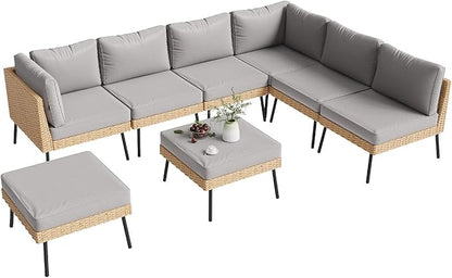 Aoxun 8-Piece Patio Furniture Set, Wicker Outdoor Furniture with Water Resistant Thick Cushions, Patio Conversation Set Outdoor Sectional Sofa with Coffee Table for Backyard Poolside, Light Grey