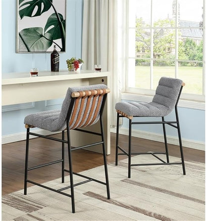 Lilola Home Lahni 18" W Gray Boucle Fabric Counter Height Chair – Contemporary Upholstered Bar Stool with Cognac PU Leather Detail and Fully Assembled Design for Kitchen Dining Room