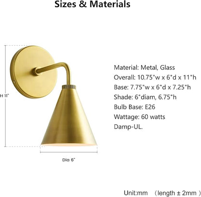 Retro Industrial Metal Cone Sconce Light - Vintage-Inspired Modern Gold Wall Sconce with Metal Shade, Wall Mount Lighting for Bedroom, Hallway, Living Room (Gold, 6 inch)