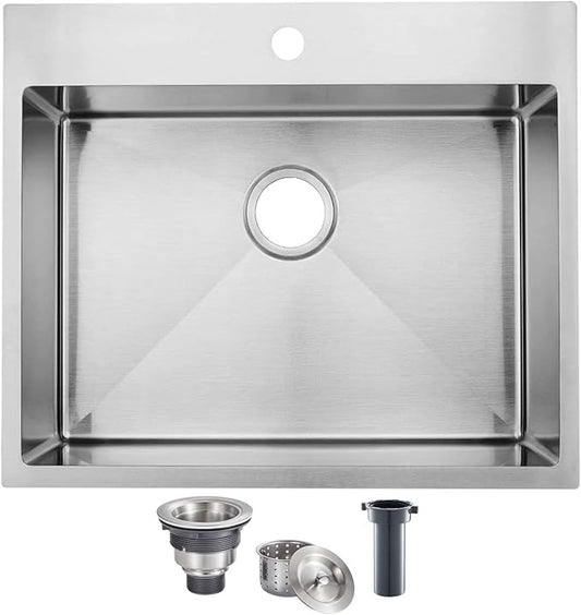 SHACO 25x22 Inch Drop In Kitchen Sink, Top Mount 16 Gauge 304 Stainless Steel 8 Inch Deep Drop In RV Laundry Utility Sink, Brushed Nickel Single Bowl Sink Topmount Overmount Sinks with Drain
