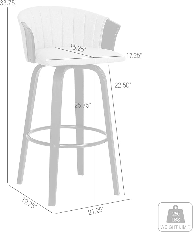 Armen Living Diana 26" Seat Height Mid Century Modern Swivel Black Wood Bar Stool for Kitchen Island Counter in Light Gray Fabric