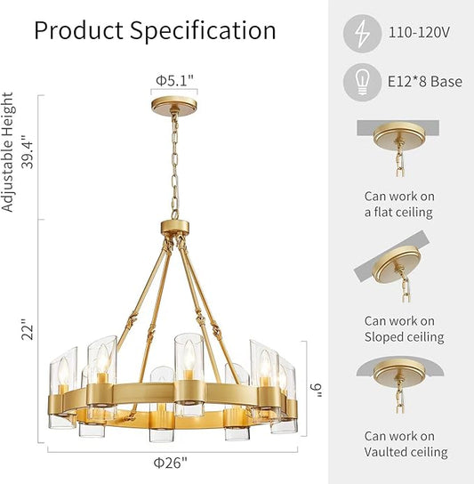 WUZUPS Wagon Wheel Chandelier 8-Light with Clear Glass Industrial Modern Farmhouse Round Light Fixture for Dining Room Kithen Island Foyer, Width 26" Height 22", Gold