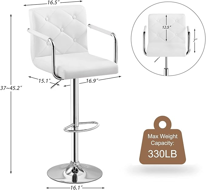 VECELO Bar Stools, Adjustable Bar Stools Set of 4, Counter Height Barstool with Back and Arms, Swivel PU Leather Bar Chairs for Kitchen/Island, White