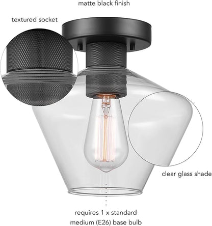 Globe Electric Harling 1-Light Semi-Flush Mount Ceiling Light, Matte Black, Clear Glass Shade, Diamond Knurl Texture on Socket, Home Improvement, Dining Room, Kitchen