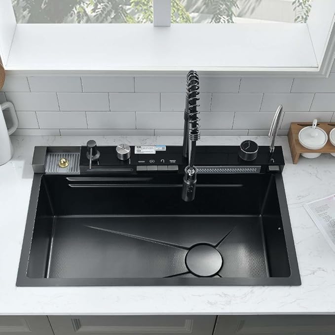 30 Inch Black Waterfall Kitchen Sink with Pull-Out Faucet Combo- Wesliv 30x18 Waterfall Sink Black Digital Display Smart Honeycomb Kitchen Sinks Deep Single Bowl with Accessories