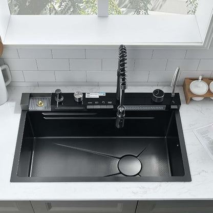 30 Inch Black Waterfall Kitchen Sink with Pull-Out Faucet Combo- Wesliv 30x18 Waterfall Sink Black Digital Display Smart Honeycomb Kitchen Sinks Deep Single Bowl with Accessories