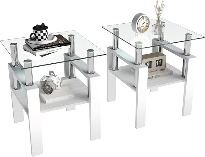 Set of 2 Glass End Table, 2-Layer Glass Living Room Table, Modern Tea Table Side Tables for Home Office Furniture