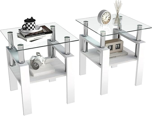 Set of 2 Glass End Table, 2-Layer Glass Living Room Table, Modern Tea Table Side Tables for Home Office Furniture