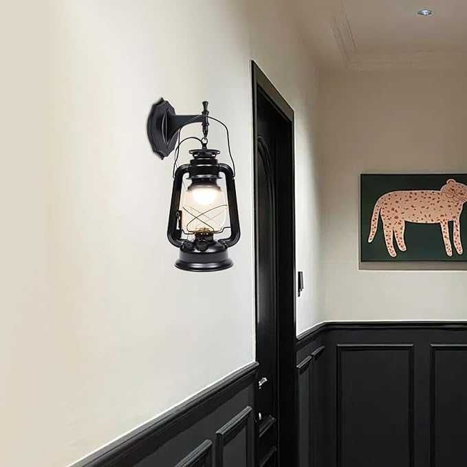 Retro Antique Vintage Rustic Wall Sconce, Lighting Lantern Mounted Light with Glass Indoor Light Fixture, Cabin Decor Lampshade for Hallway Farmhouse Loft (Black)
