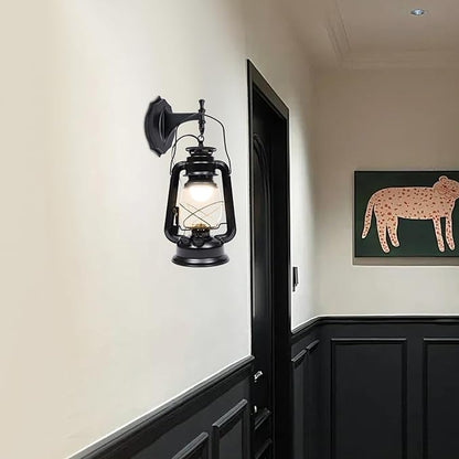 Retro Antique Vintage Rustic Wall Sconce, Lighting Lantern Mounted Light with Glass Indoor Light Fixture, Cabin Decor Lampshade for Hallway Farmhouse Loft (Black)