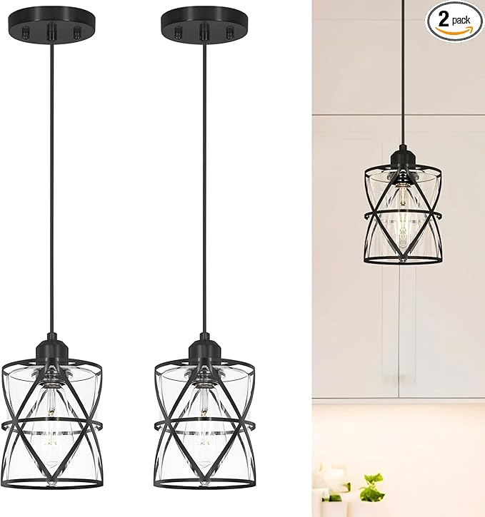 DSMJFU 2 Pack Black Pendant Lights, Modern Clear Glass Adjustable Hanging Lighting for Kitchen Island Bedroom Bathroom Entryway Hallway, E26 Base Ceiling Pendant Light Fixtures