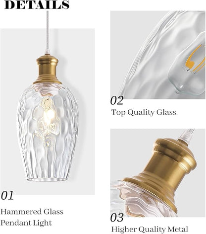 Gold Pendant Lights Kitchen Island, 6.3” Blown Hammered Glass Pendant Lights, Vintage Clear Glass Pendant Light 2-Pack, Modern Pendant Light for Kitchen Island, Dining Room, Bathroom，Cafe