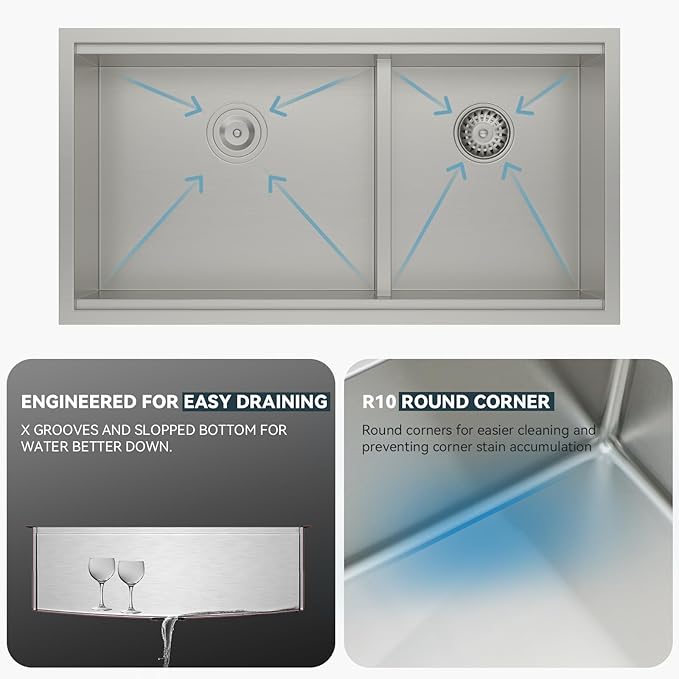 Lordear 36 Inch Double Bowl Kitchen Sink Ledge Workstation Sinks Double Bowl 60/40 Low Divide 16 Gauge Stainless Steel 36x19 Inch Undermount Kitchen Sinks