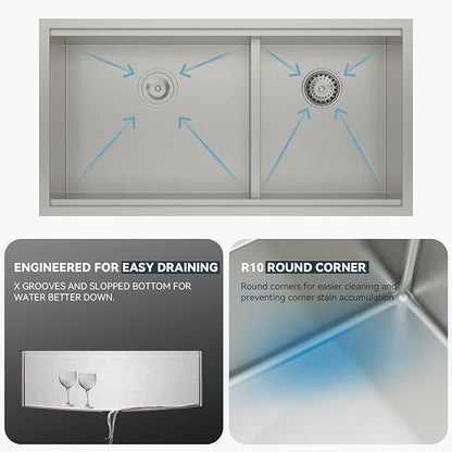 Lordear 36 Inch Double Bowl Kitchen Sink Ledge Workstation Sinks Double Bowl 60/40 Low Divide 16 Gauge Stainless Steel 36x19 Inch Undermount Kitchen Sinks