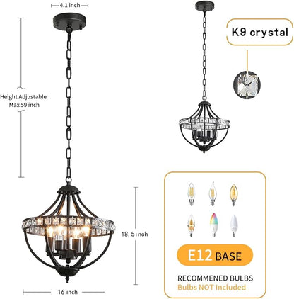 Farmhouse Crystal Ceiling Hanging Chandelier,16inch Black Rustic Vintage Pendant Light Fixture for Living Room Bedroom Dining Room Dining Foyer Kitchen Entry （5-Light）