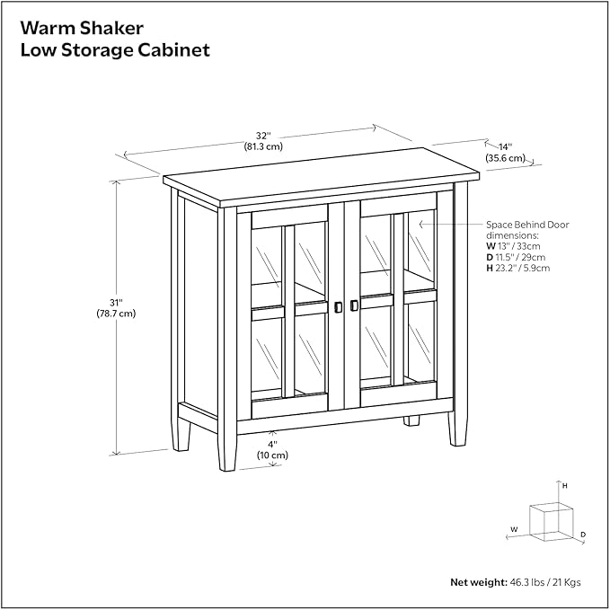 SIMPLIHOME Warm Shaker Storage Cabinet - 32 inch Wide Solid Wood 2-Shelf Low Storage Cabinet in Light Golden Brown, Transitional Accent Cabinet for Entryway with Tempered Glass Doors and Shelves
