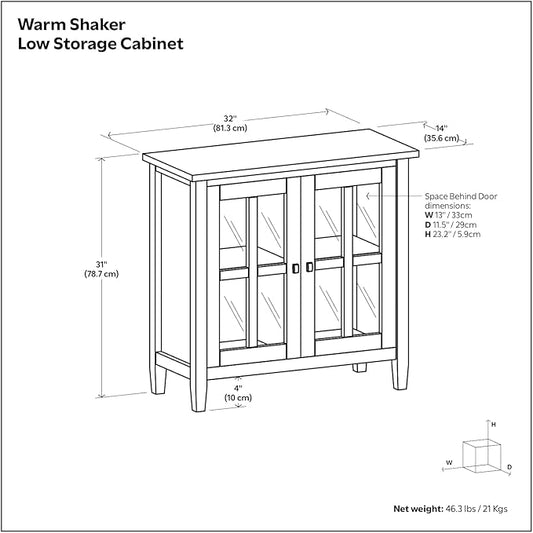 SIMPLIHOME Warm Shaker Storage Cabinet - 32 inch Wide Solid Wood 2-Shelf Low Storage Cabinet in Light Golden Brown, Transitional Accent Cabinet for Entryway with Tempered Glass Doors and Shelves