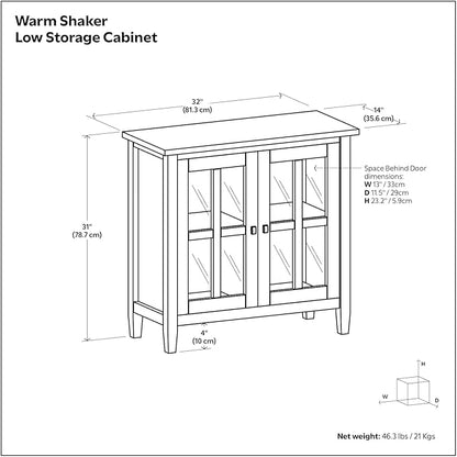 SIMPLIHOME Warm Shaker Storage Cabinet - 32 inch Wide Solid Wood 2-Shelf Low Storage Cabinet in Tobacco Brown, Transitional Accent Cabinet for Entryway with Tempered Glass Doors and Shelves