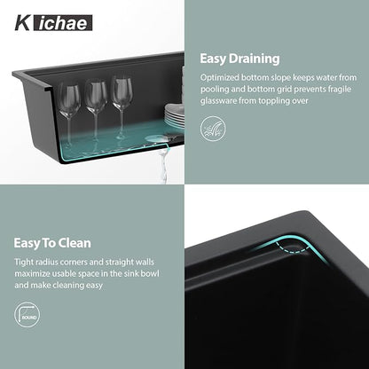 Kichae Granite Composite Undermount Kitchen Sink 32 inch - Granite Quartz Sink 32 x 19 Matte Black Workstation Sinks