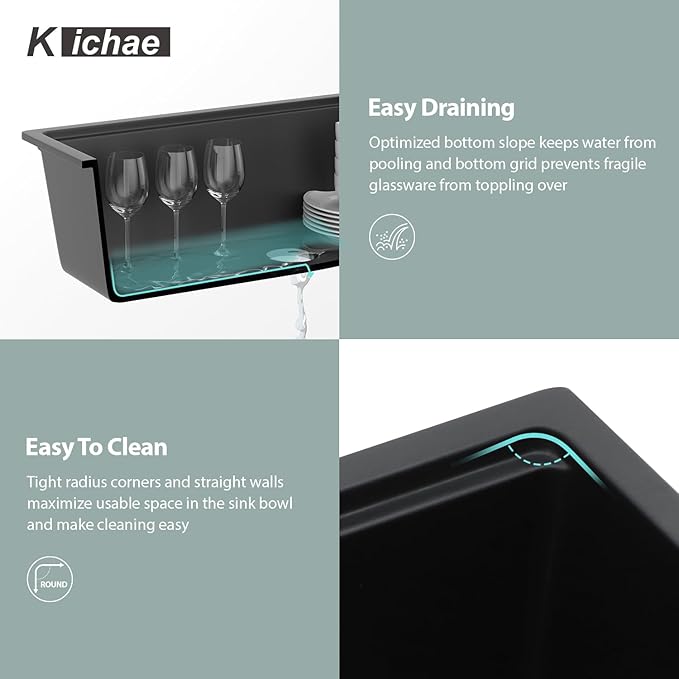 Kichae 32 inch Granite Composite Undermount Kitchen Sink - 32 x 19 Single Bowl Kitchen Sink Matte Black Quartz Workstation