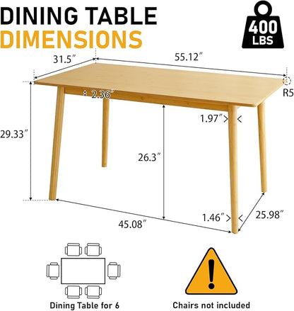 BAKEVE Bamboo Dining Table for 4-6-8 Person- 55'' Solid Wood Kitchen Table, Mid Century Modern Desk, Farmhouse Rectangular Dining Room Table for Living Room, Office, Kitchen and Study (Natural)