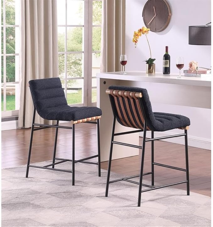Lilola Home Lahni 18" W Black Boucle Fabric Counter Height Chair – Contemporary Upholstered Bar Stool with Cognac PU Leather Detail and Fully Assembled Design for Kitchen Dining Room