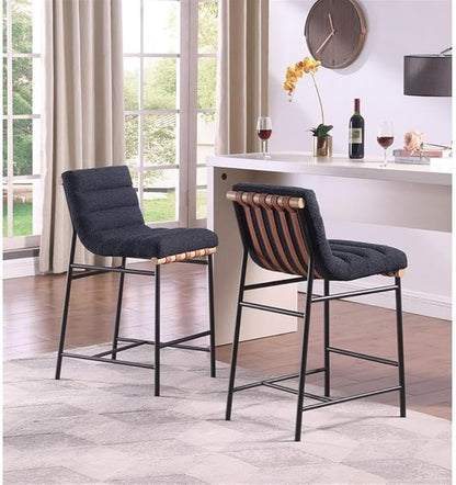 Lilola Home Lahni 18" W Black Boucle Fabric Counter Height Chair – Contemporary Upholstered Bar Stool with Cognac PU Leather Detail and Fully Assembled Design for Kitchen Dining Room