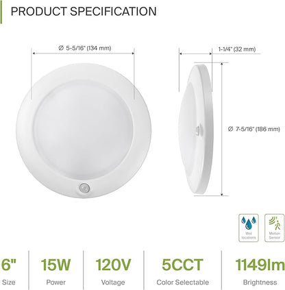 ASD 6 Pack Motion Sensor LED Disk Lights 6 Inch, 15W 5CCT 2700-5000K 1149LM CRI90+, Indoor Ceiling Flush Mount Light Fixture, Low Profile Lighting for Closet, Hallway, Pantry, Porch, Garage, White, UL
