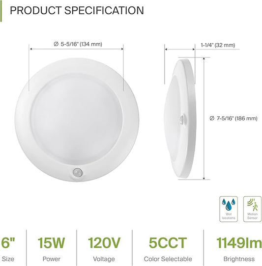 ASD 6 Pack Motion Sensor LED Disk Lights 6 Inch, 15W 5CCT 2700-5000K 1149LM CRI90+, Indoor Ceiling Flush Mount Light Fixture, Low Profile Lighting for Closet, Hallway, Pantry, Porch, Garage, White, UL