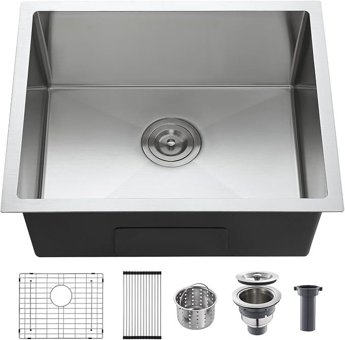 Brushed 24 Inch Undermount Kitchen Sink, 18 Gauge 304 Stainless Steel Single Bowl with Bottom Grid & Roll-Up Drying Rack, 9" Deep Utility Sink for Laundry, Kitchen, Bar