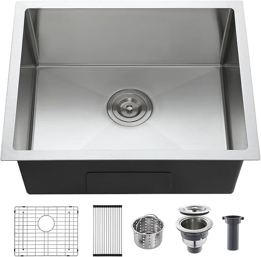 22-Inch Undermount Kitchen Sink, 304 Stainless Steel Brushed Single Bowl Handmade Sink with Bottom Grid & Roll-up Drying Rack, for Indoor/Outdoor Use (D22"xW18"xH9")