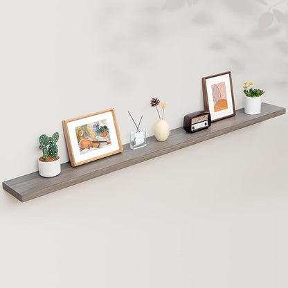 Axeman Rustic Elm Wood Floating Shelves - 72'' W x 8" D Wall Mantel Shelf with Invisible Bracket, Large Long Wall Mounted Storage Shelves for Living Room, Bedroom, Kitchen, Bathroom, Grey