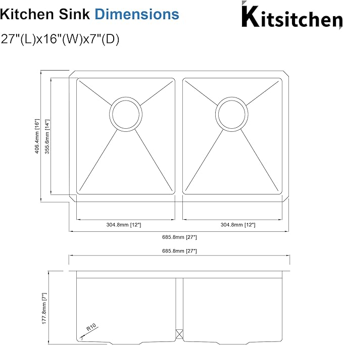 Kitsitchen RV Ktichen Sink,16 Gauge Stainless Steel Undermount Kitchen Sink with Strainer & Bottom Gird, 27" x 16" Double Bowl Kitchen Sinks Used at RV, Outdoor,Bathrom and Camper, R10 Round Corner