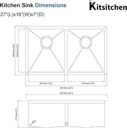 Kitsitchen RV Ktichen Sink,16 Gauge Stainless Steel Undermount Kitchen Sink with Strainer & Bottom Gird, 27" x 16" Double Bowl Kitchen Sinks Used at RV, Outdoor,Bathrom and Camper, R10 Round Corner